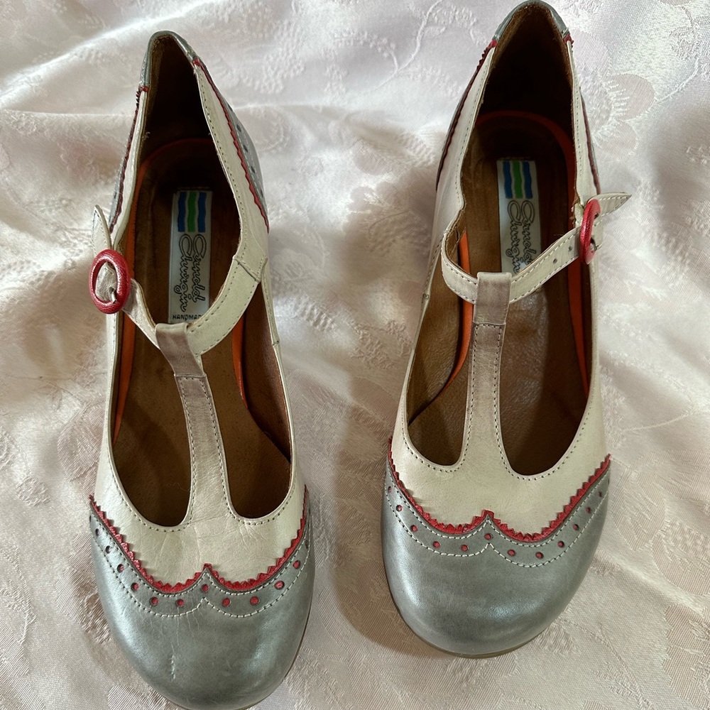 Arnold Churgin T-strap shoes, pink and grey, leather, size 37